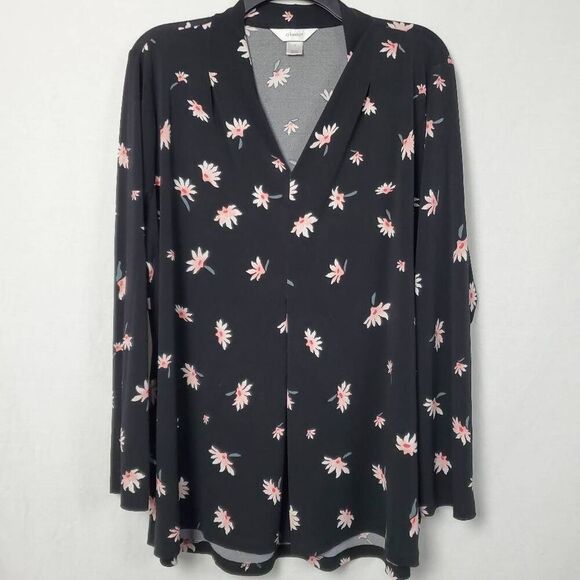 CJ Banks 1X Plus Black Floral LS Blouse - Picture 2 of 5